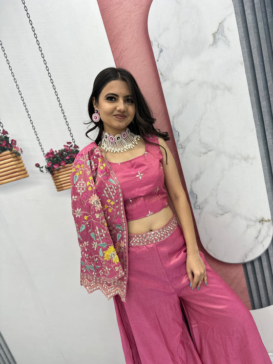 PURE TISSUE SHIMMER SHRUG WITH CHOLI PLAZZO