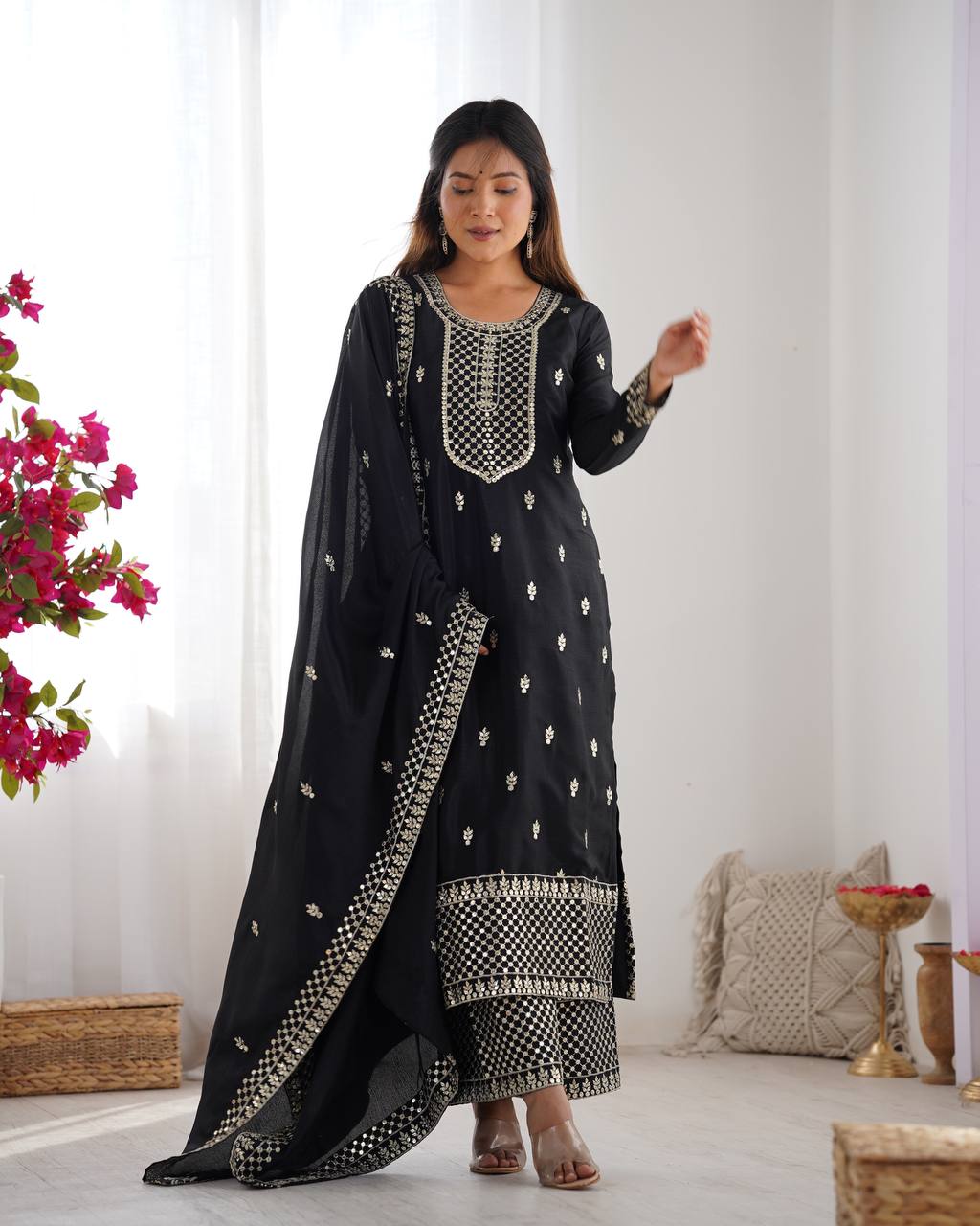 Pure Chinon Silk Woth Embroidery Sequence And Jari Work Kurti