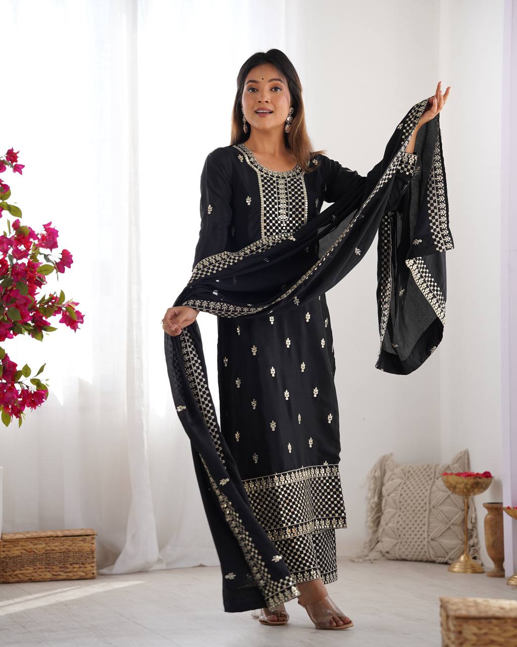 Pure Chinon Silk Woth Embroidery Sequence And Jari Work Kurti
