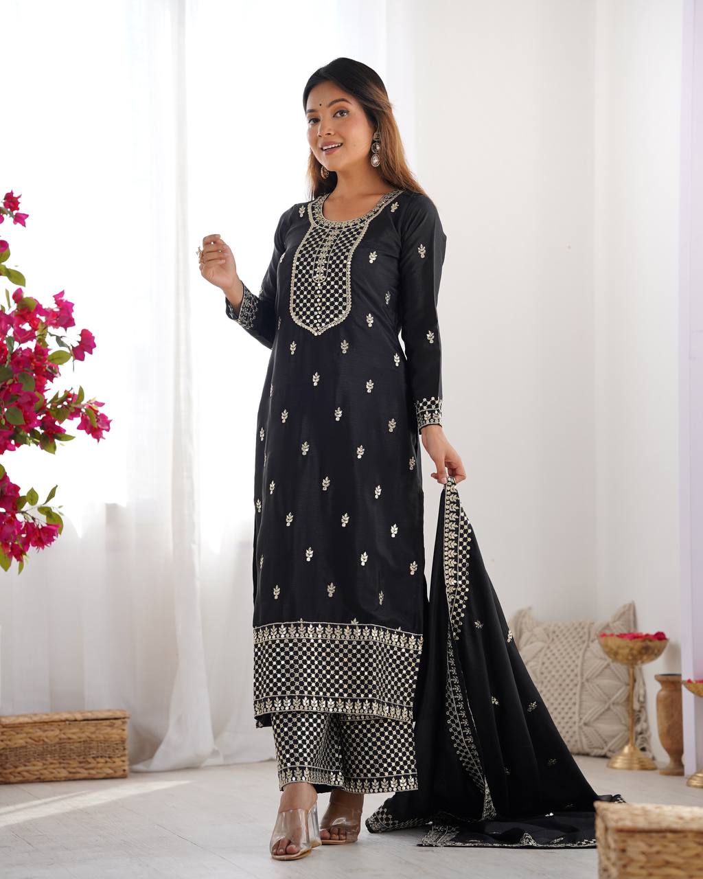Pure Chinon Silk Woth Embroidery Sequence And Jari Work Kurti