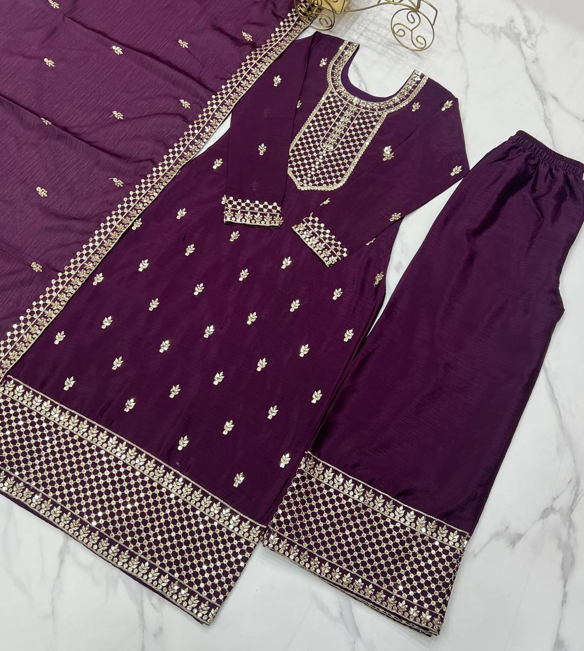 Pure Chinon Silk Woth Embroidery Sequence And Jari Work Kurti