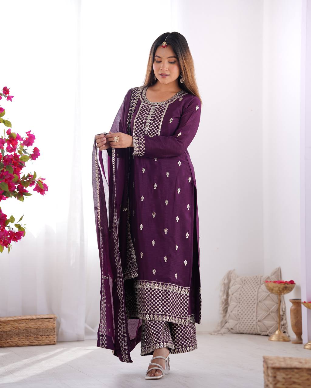 Pure Chinon Silk Woth Embroidery Sequence And Jari Work Kurti