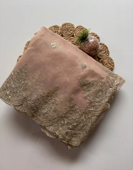 Beige Color Organza Tissue Fabric Zari Work Saree