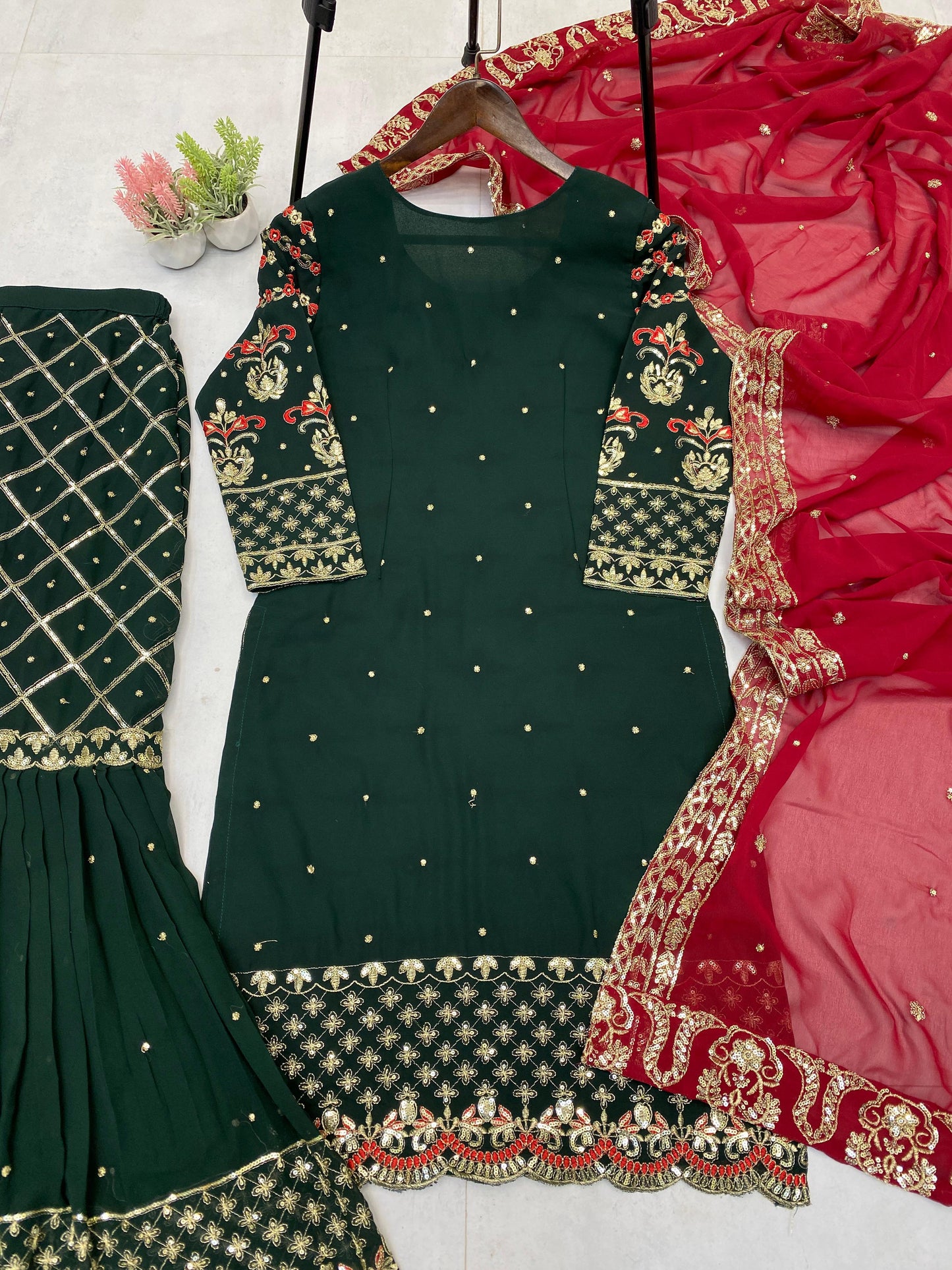 Green Color Faux georgette Embroidery Work Kurti
