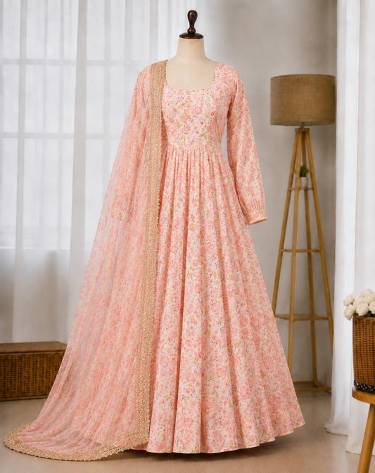 Orange Chiffon Floral Print Anarakali