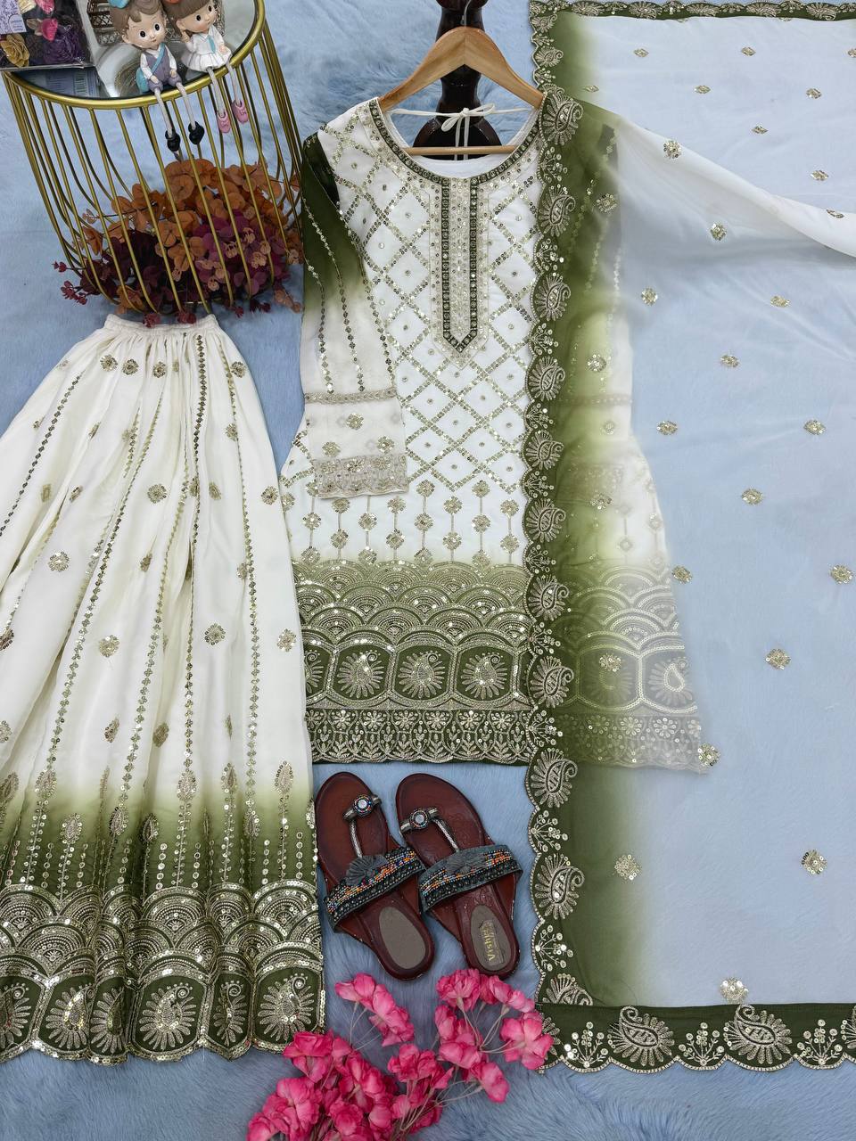 Beautiful Soft Rich Dual Tone Georgette Embroidery Sequence Work Plazzo Set