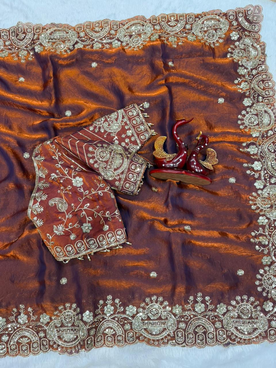 Two Tone Space Silk Embroidered Saree Set