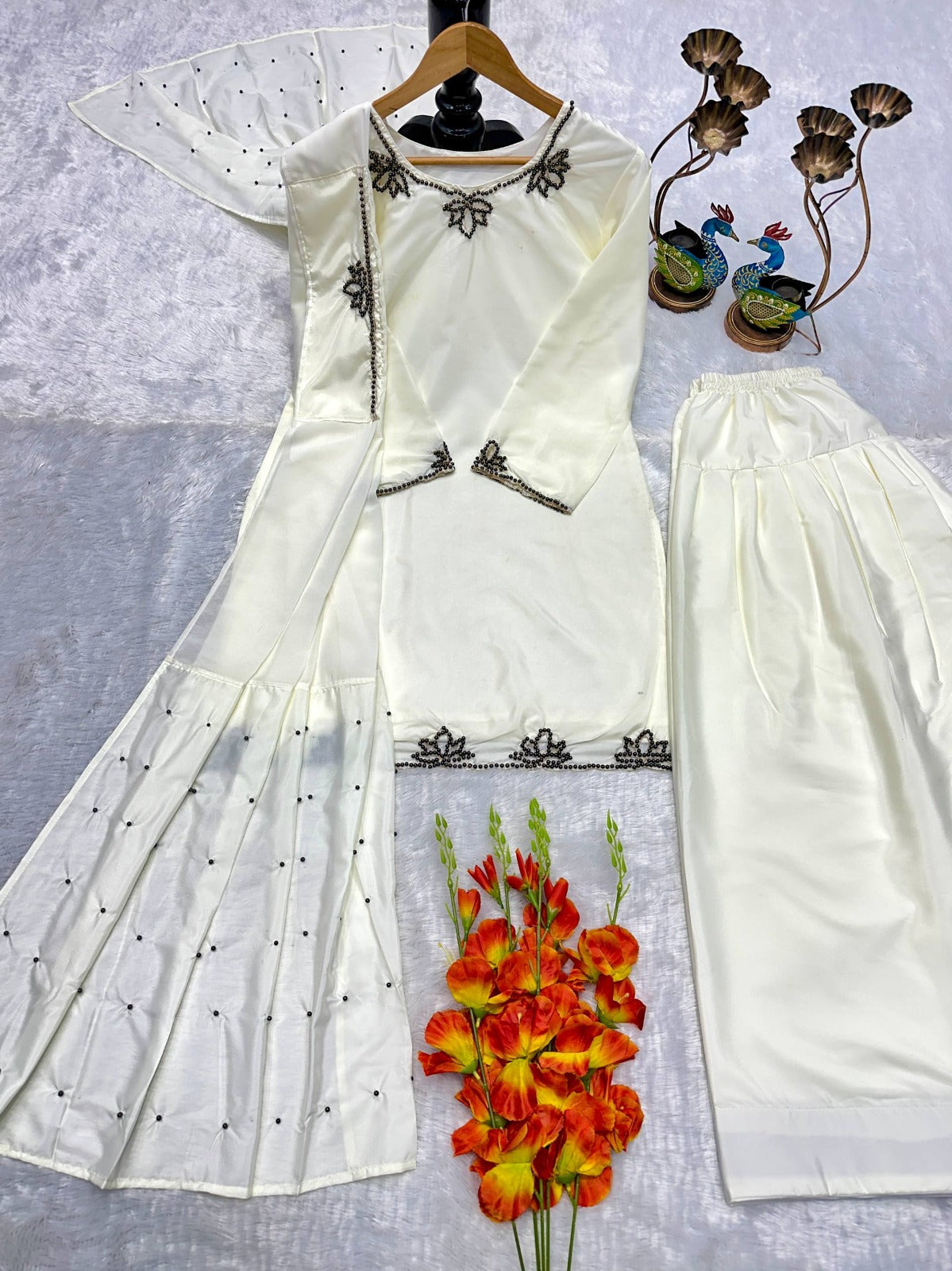 Natural Crepe Embroidered Plazzo Suit Set