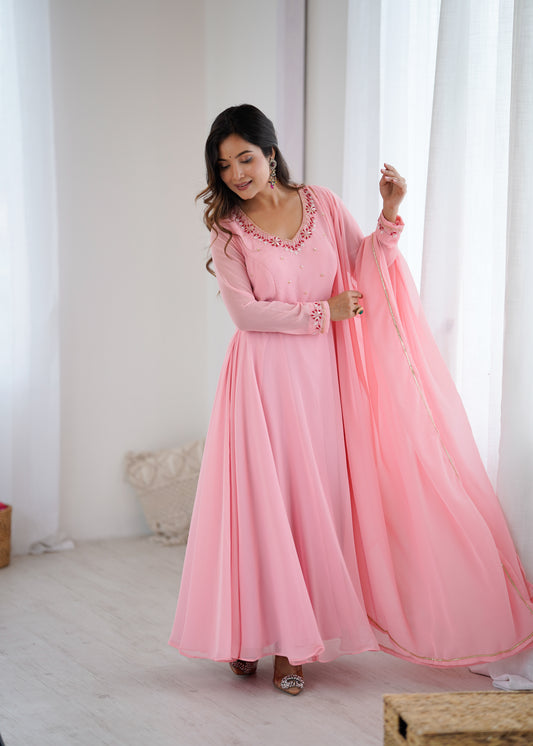 Pink color Hand Work Butter Cotton Gown
