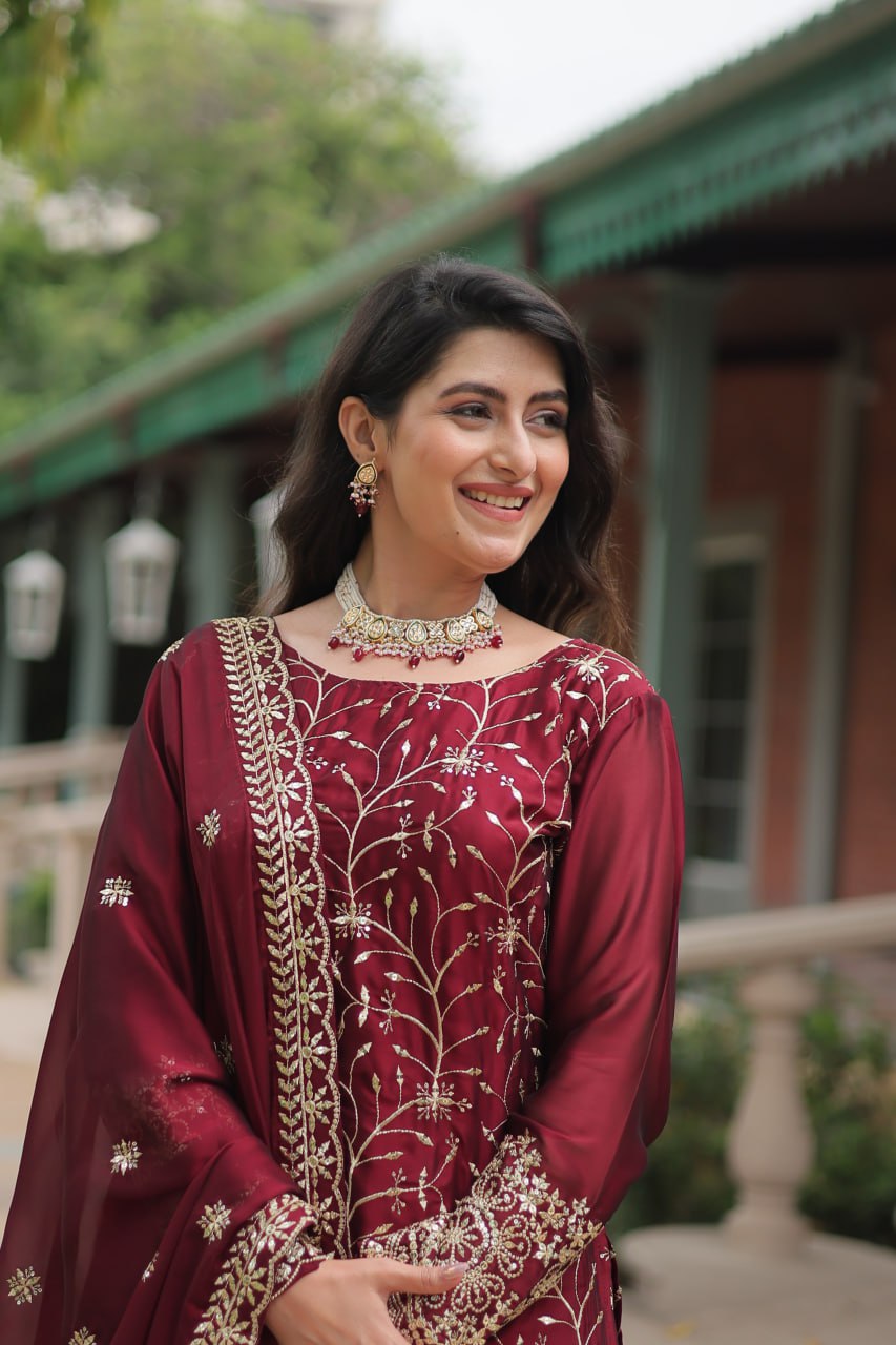 Rangoli Silk Heavy Sequins & Thread Embroidered work Top Plazzo