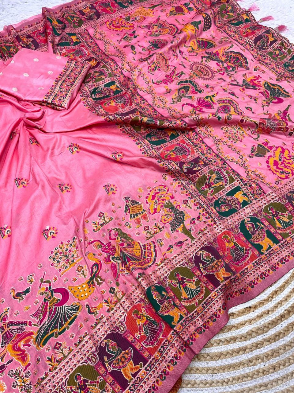 Pure soft pashmina silk weaving Kashmiri Thread Pallu With Fancy Tassel Saree
