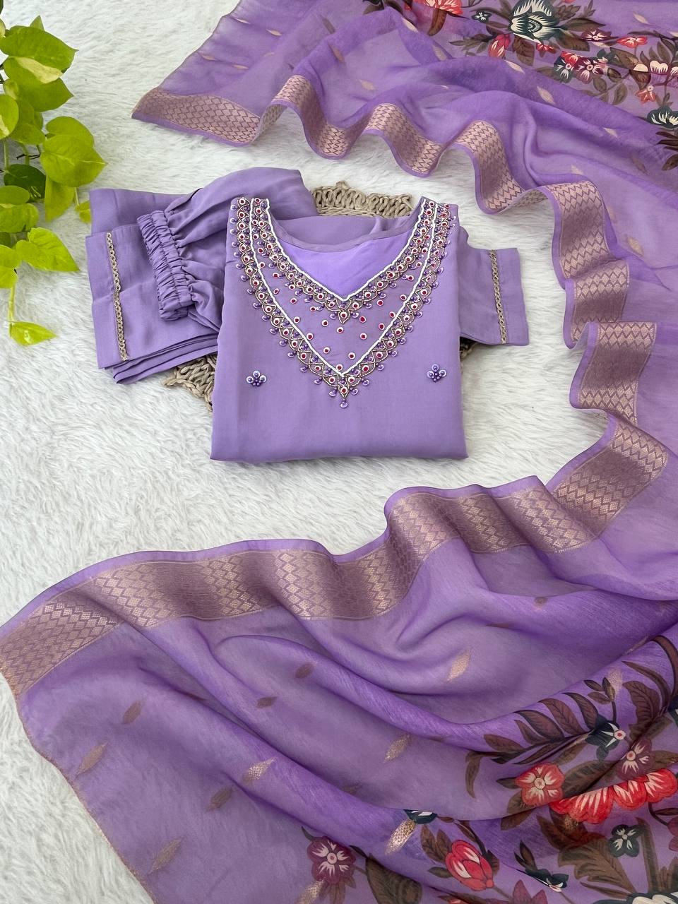 Purple Color Kurti Set With Handwork With 3/4 Sleeves