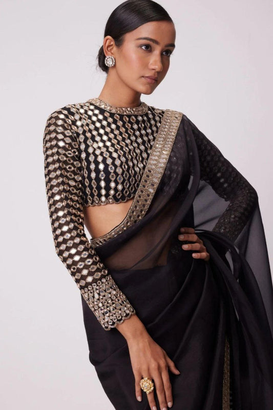 Bollywood Style Most Trending Black Color Real Mirror Work Saree