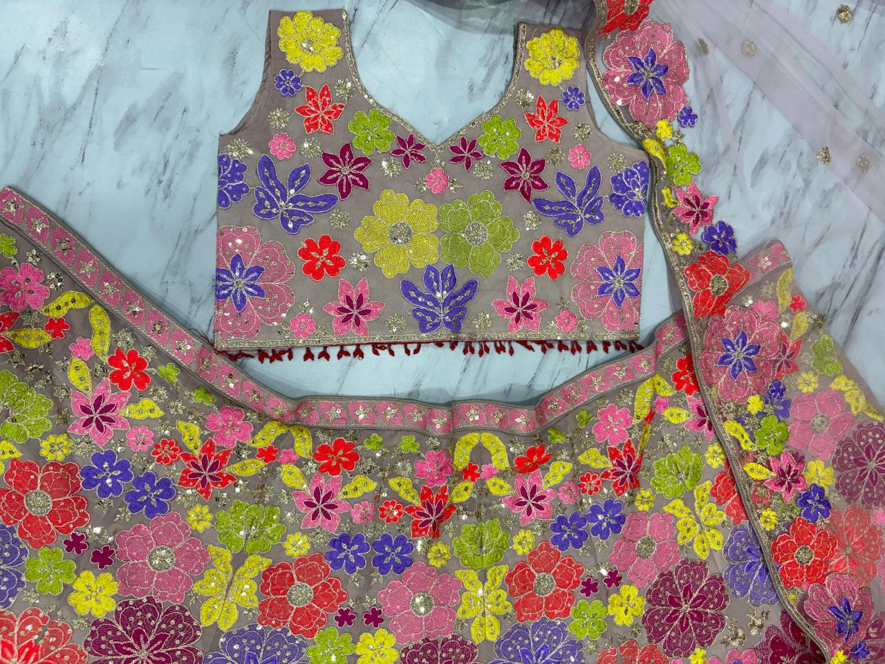 Premium Faux Georgette Multicolor Thread Work Lehenga