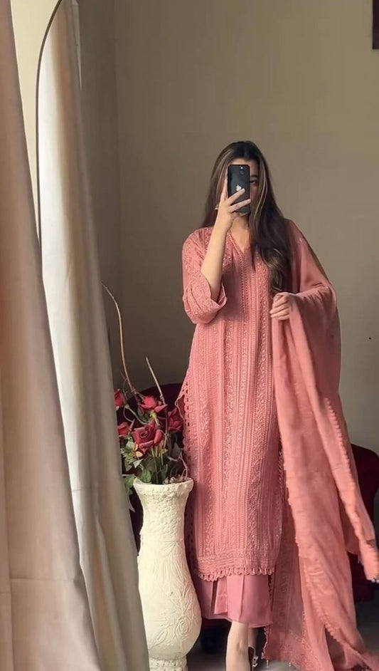 SUMMER SALE CHINON WITH COTTON THREAD WORK KURTA PANT