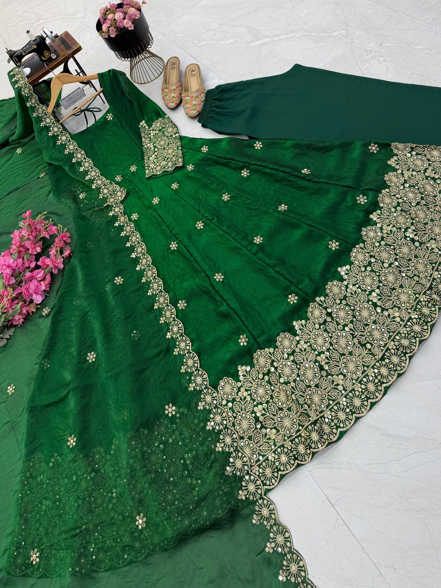 Fendy Silk Sequins Embroidery Work Gown