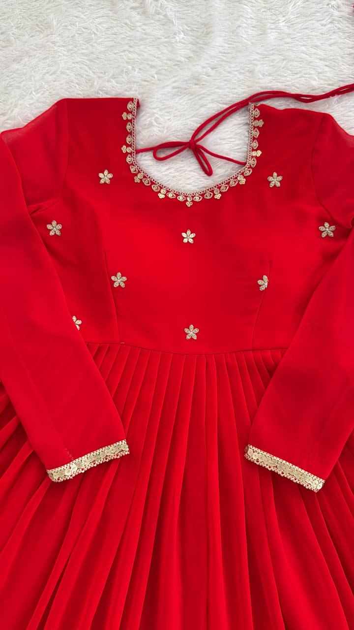 Red Color Georgette Coding Dori With Sequience Work Anarkali