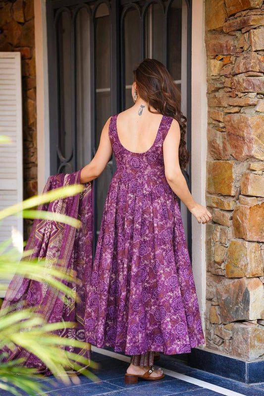 Purple Color Cotton Fabric With Digital Printed Work Anarkali