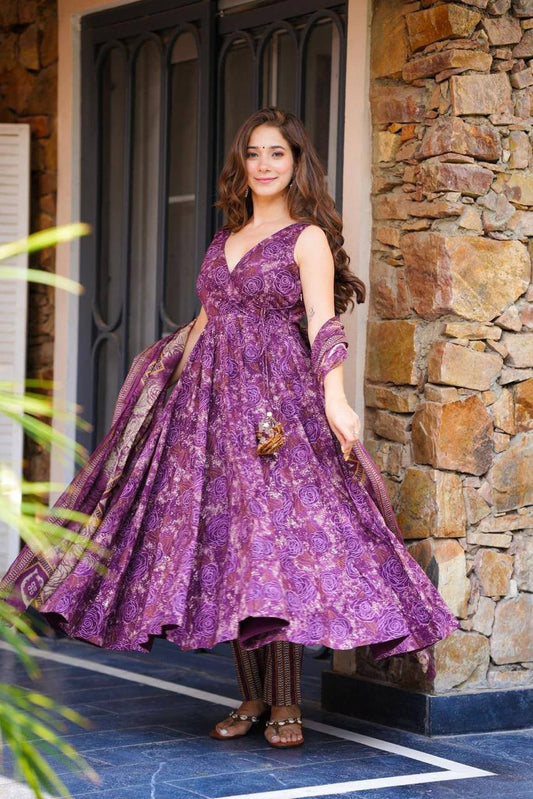 Purple Color Cotton Fabric With Digital Printed Work Anarkali