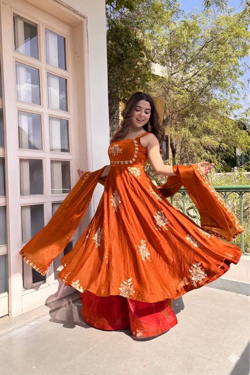 Beautiful Look Fendi Satin Gown With Sequence Embroidery Zari Work Plazzo