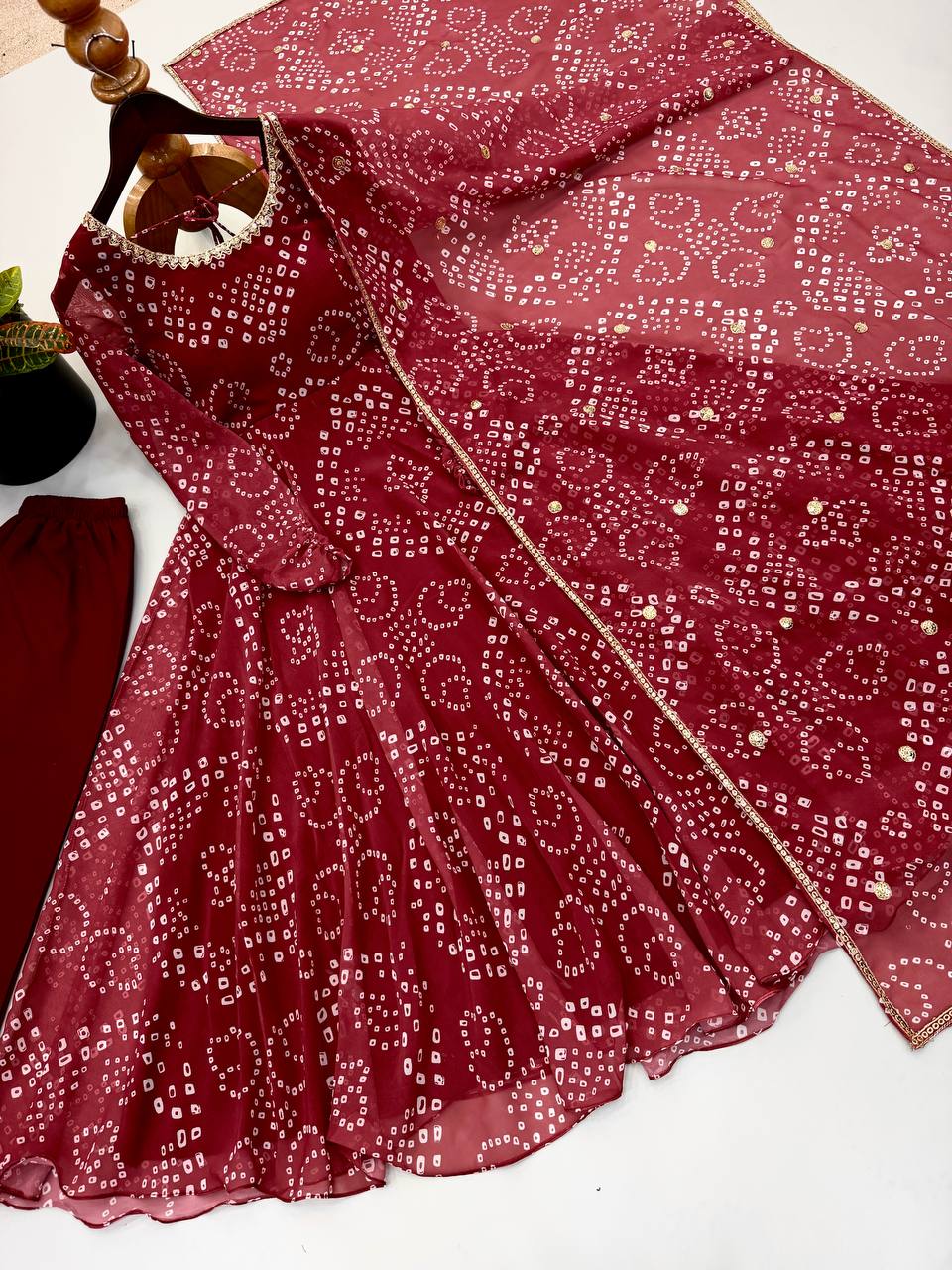Red Color Beautifull Faux Georgette Print Work Top Pent