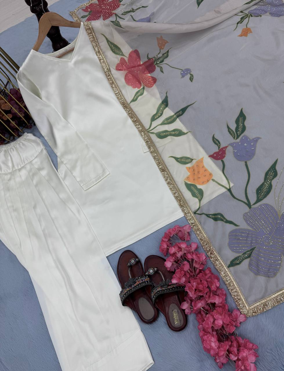 White Color Micro Cotton Japan Silk Top Plazzo