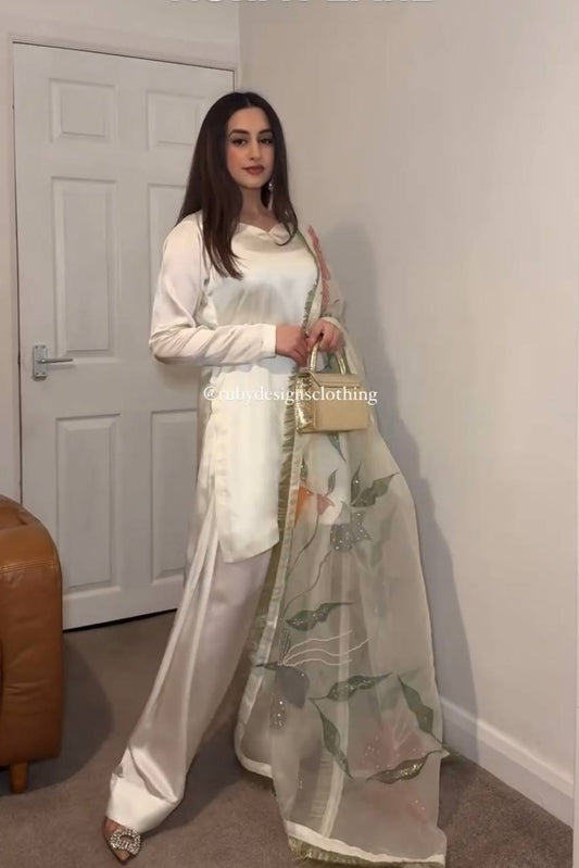 White Color Micro Cotton Japan Silk Top Plazzo