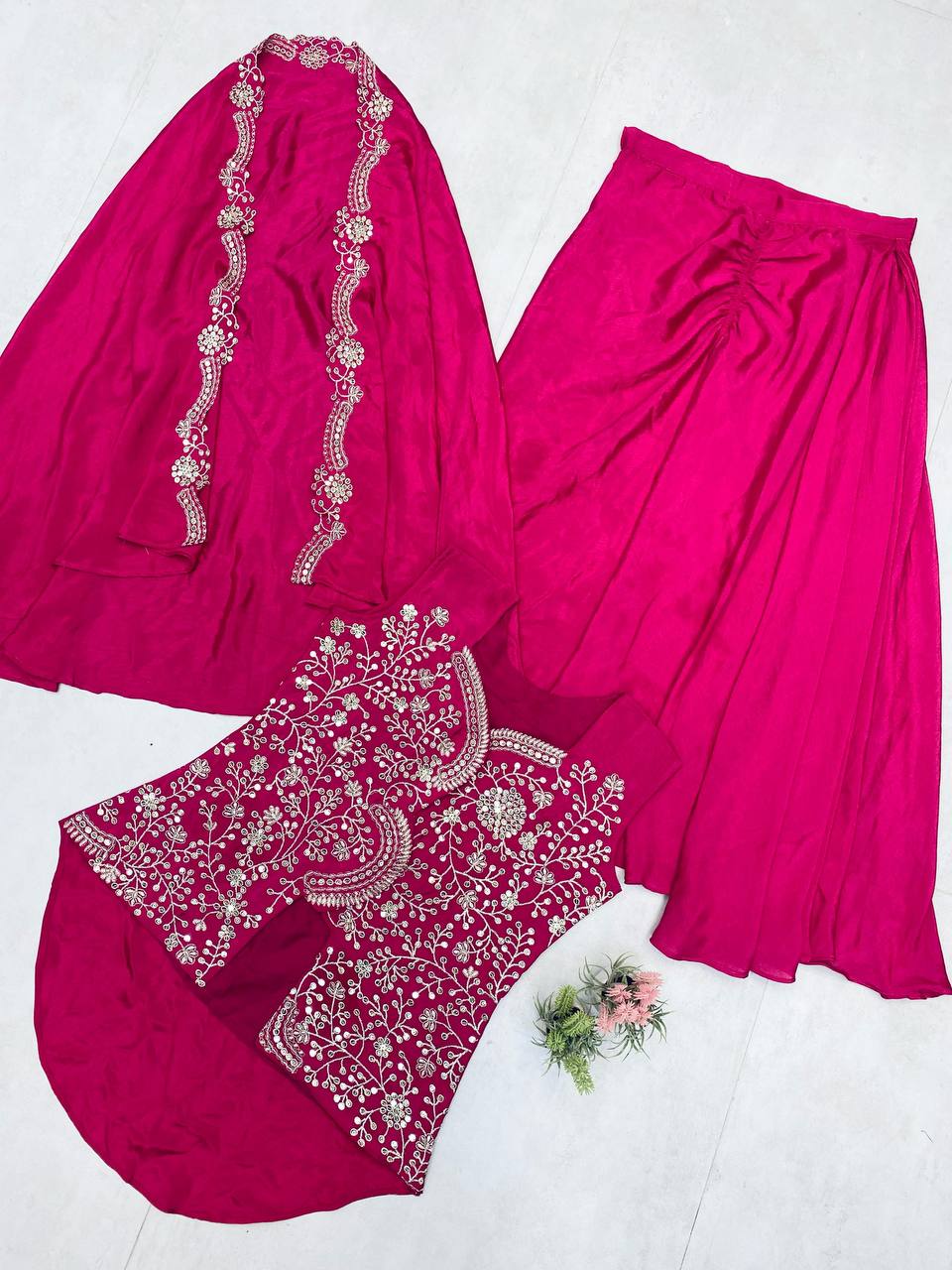 Chinon Sequence Embroidery Work With Full Stithed Blouse Skirt