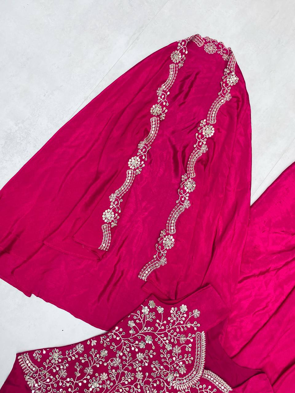 Chinon Sequence Embroidery Work With Full Stithed Blouse Skirt