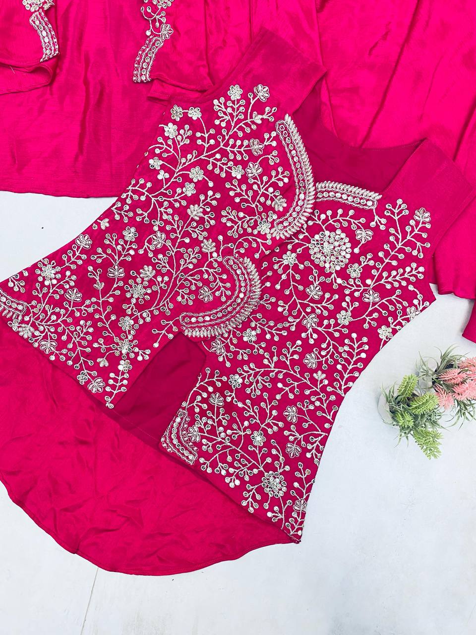 Chinon Sequence Embroidery Work With Full Stithed Blouse Skirt