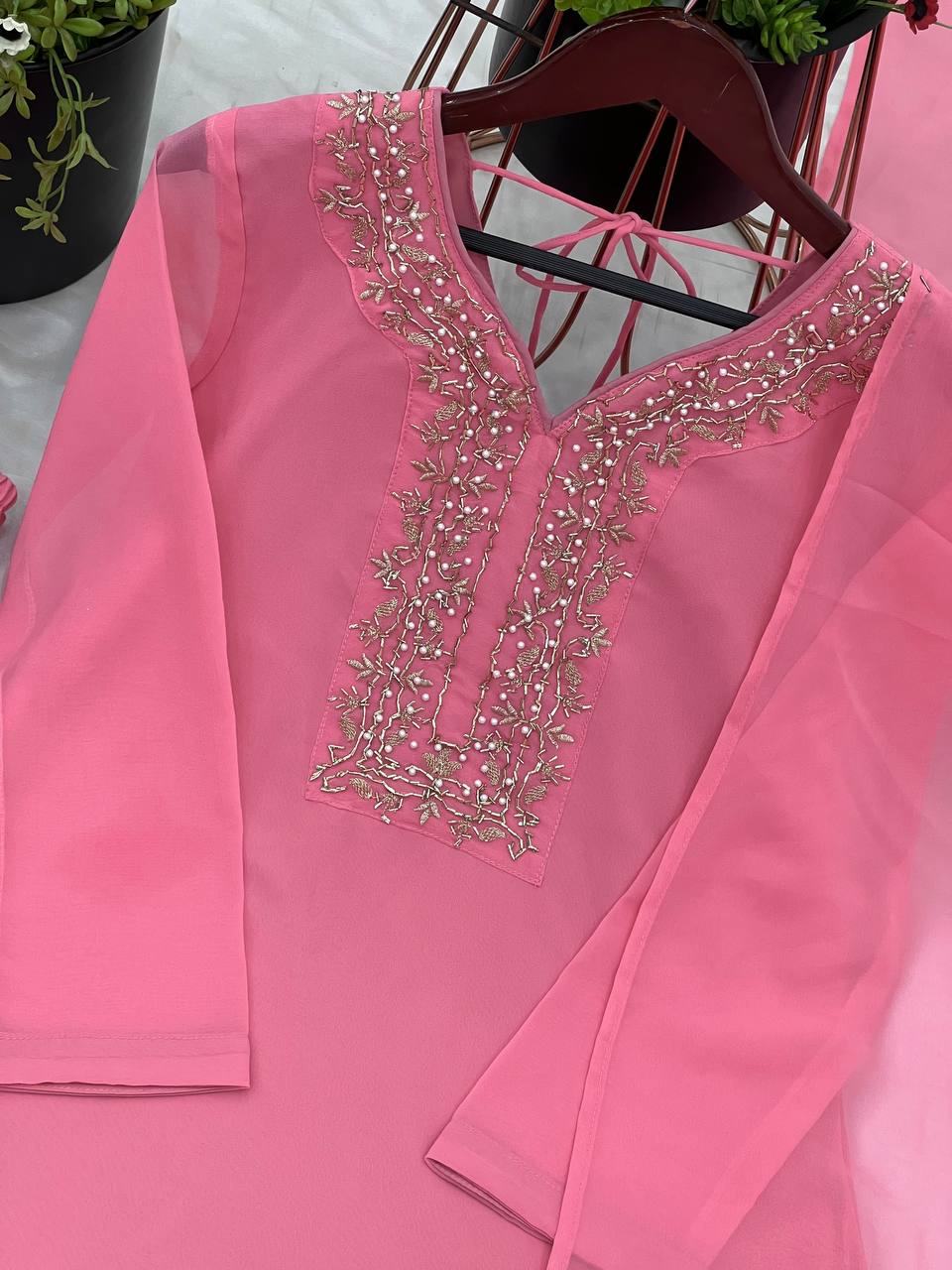 Faux Geeorgette Embroidery And Hand Work With Micro Cotton Top Farshi