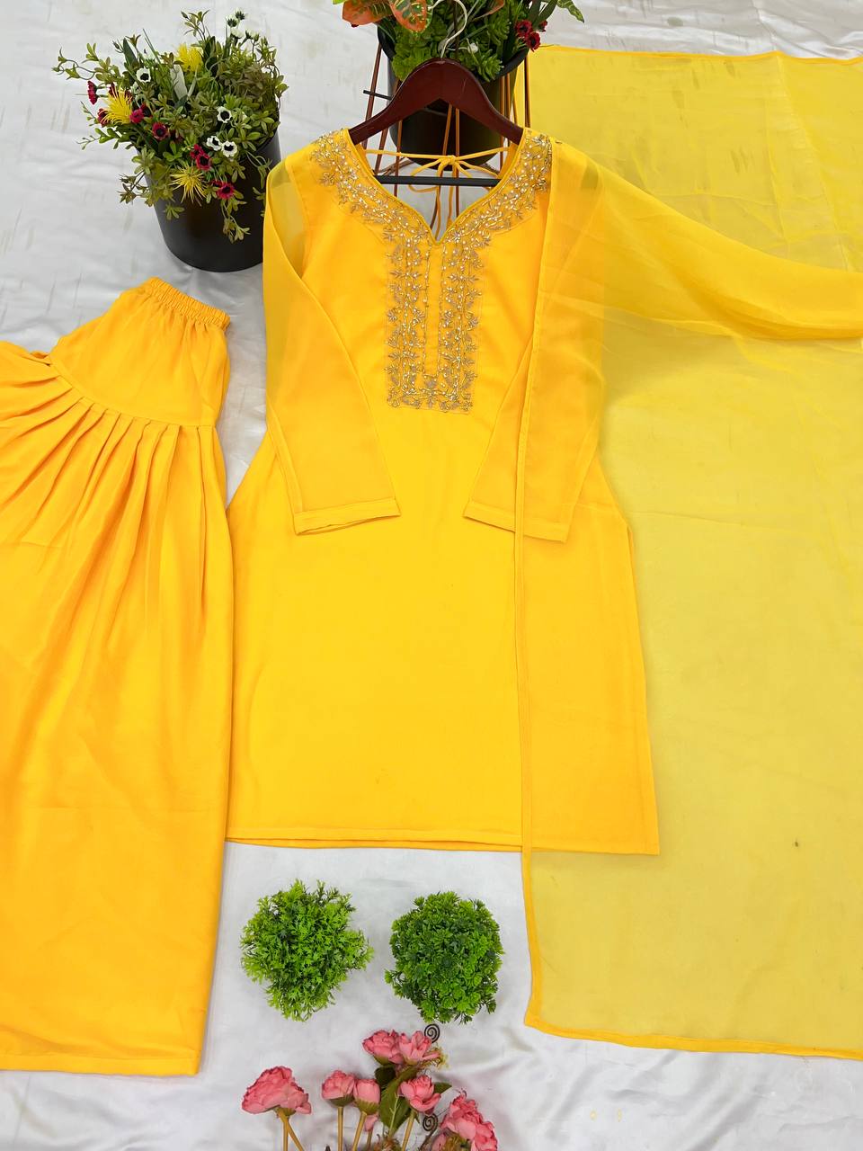 Faux Geeorgette Embroidery And Hand Work With Micro Cotton Top Farshi