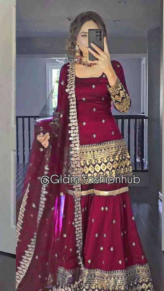 Havy Vichitra Silk Embroidery Work Top Sharara