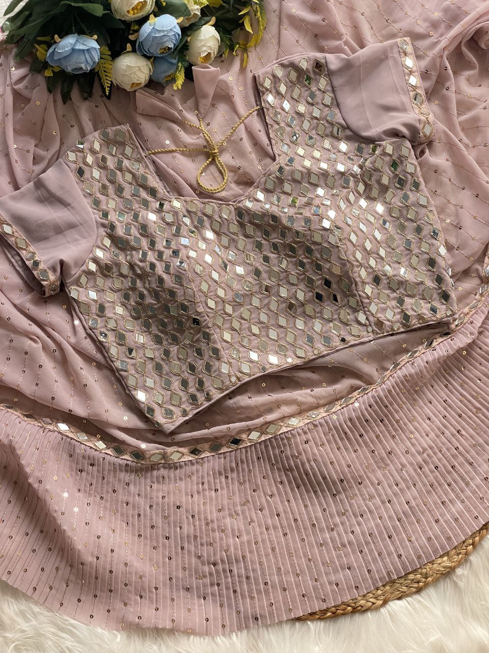 Pink Color Faux Georgette Embroidery Work Saree