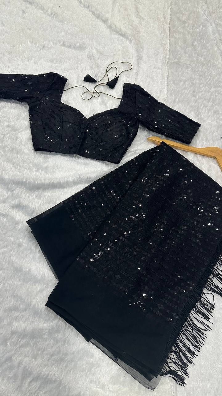 Black Net Heavy Sequins Thread Work Party Wear Designer Saree