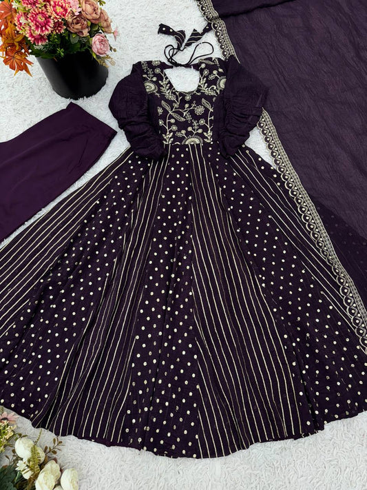 Purple Color Crunchy Silk Embroidery Work Top Plazzo