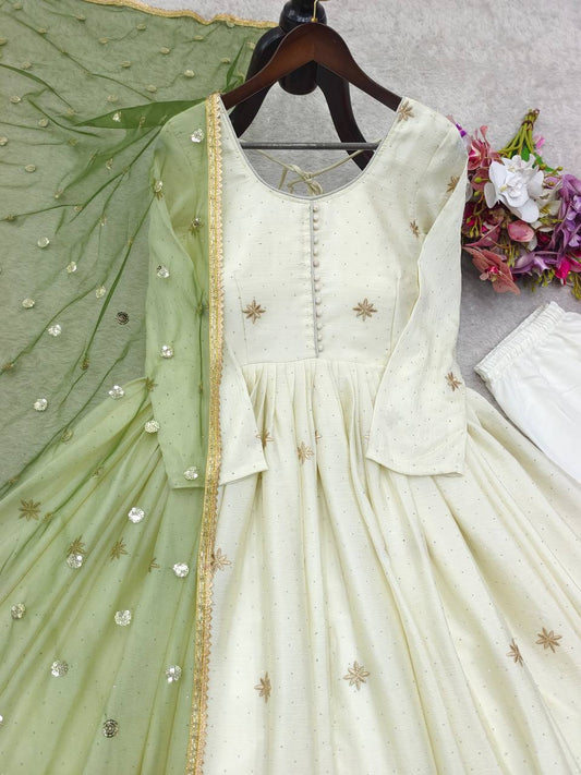 White Color Pure Dola Silk Embroidery Work Gown