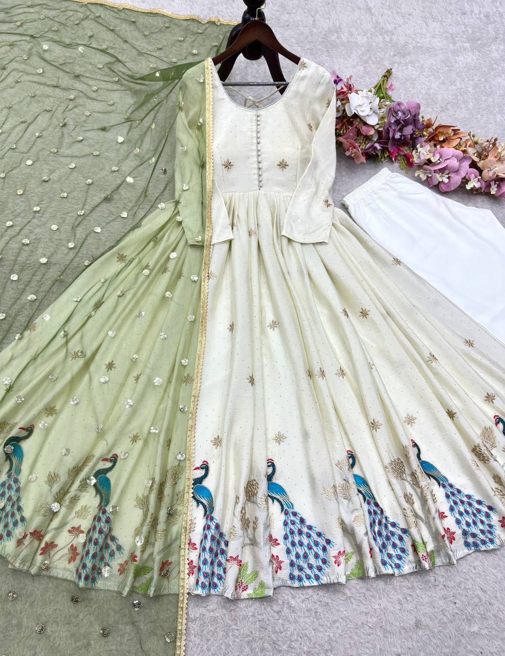 White Color Pure Dola Silk Embroidery Work Gown