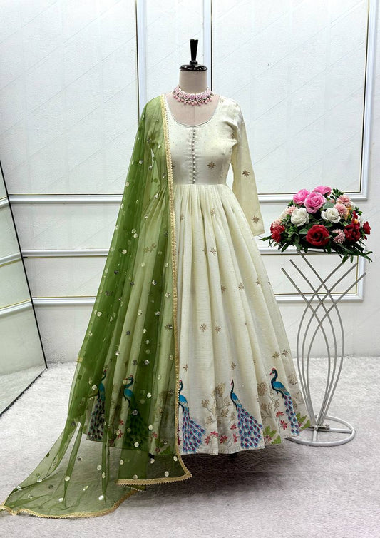 White Color Pure Dola Silk Embroidery Work Gown