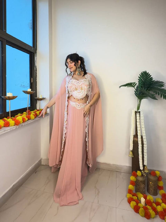 Georgette Sequence Embroidery Work And Full Stitched Shrug Draped