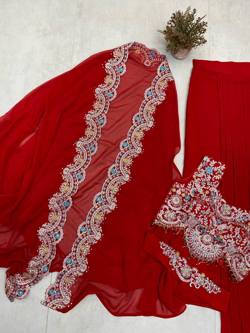 Georgette Sequence Embroidery Work And Full Stitched Shrug Draped