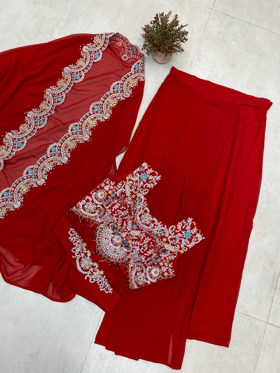 Georgette Sequence Embroidery Work And Full Stitched Shrug Draped