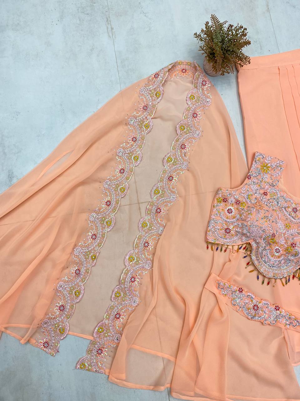 Georgette Sequence Embroidery Work And Full Stitched Shrug Draped