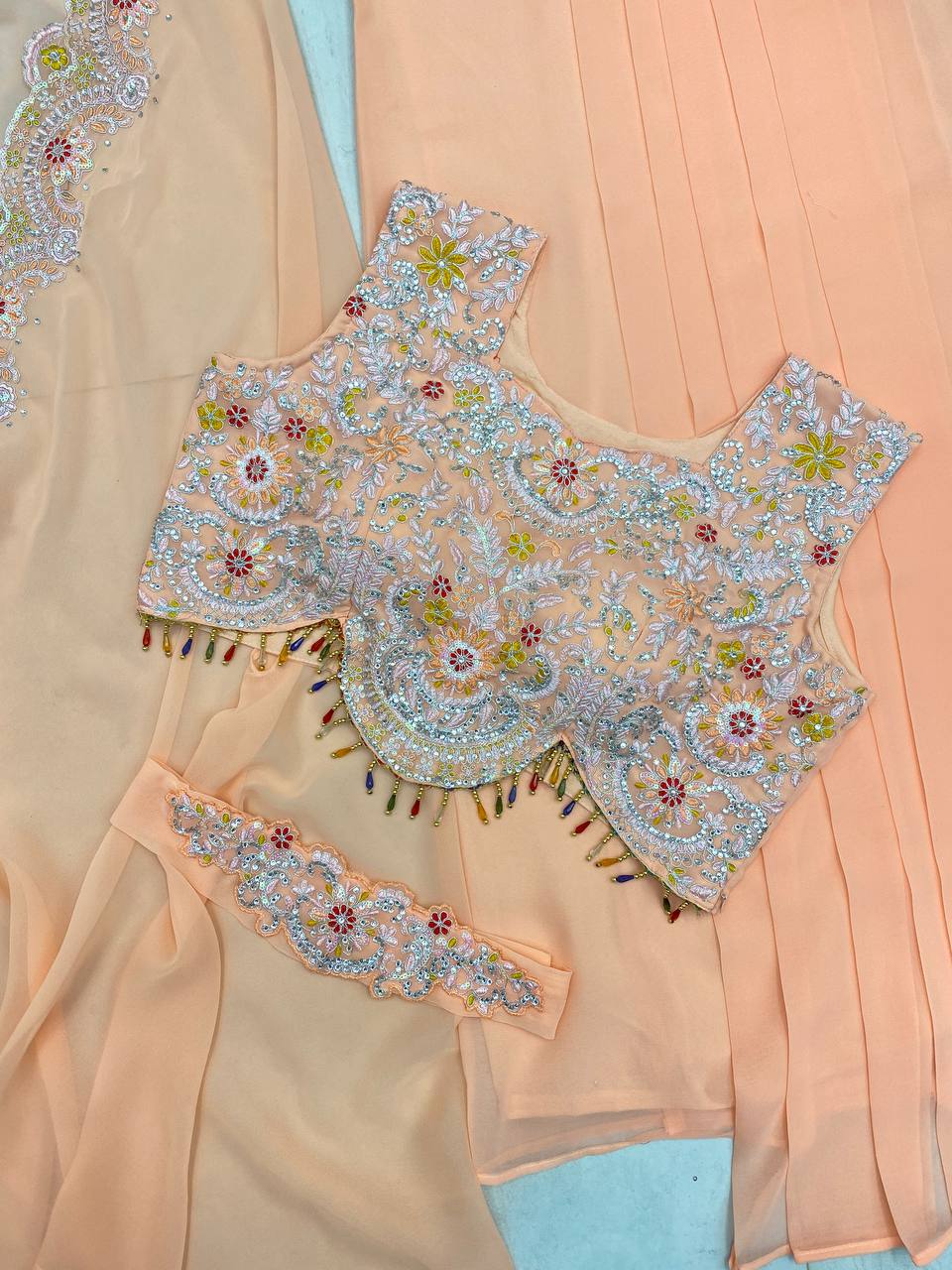 Georgette Sequence Embroidery Work And Full Stitched Shrug Draped