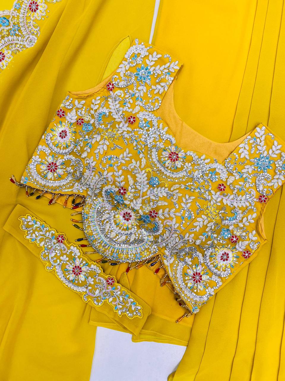 Georgette Sequence Embroidery Work And Full Stitched Shrug Draped