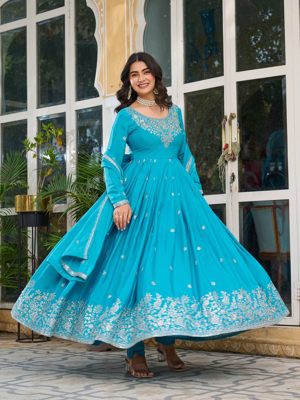 American Silk Full Stitch And Thred With Sequence Work Gown