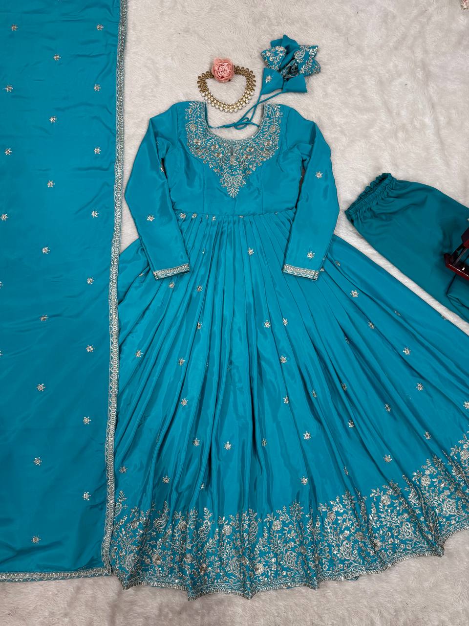 American Silk Full Stitch And Thred With Sequence Work Gown
