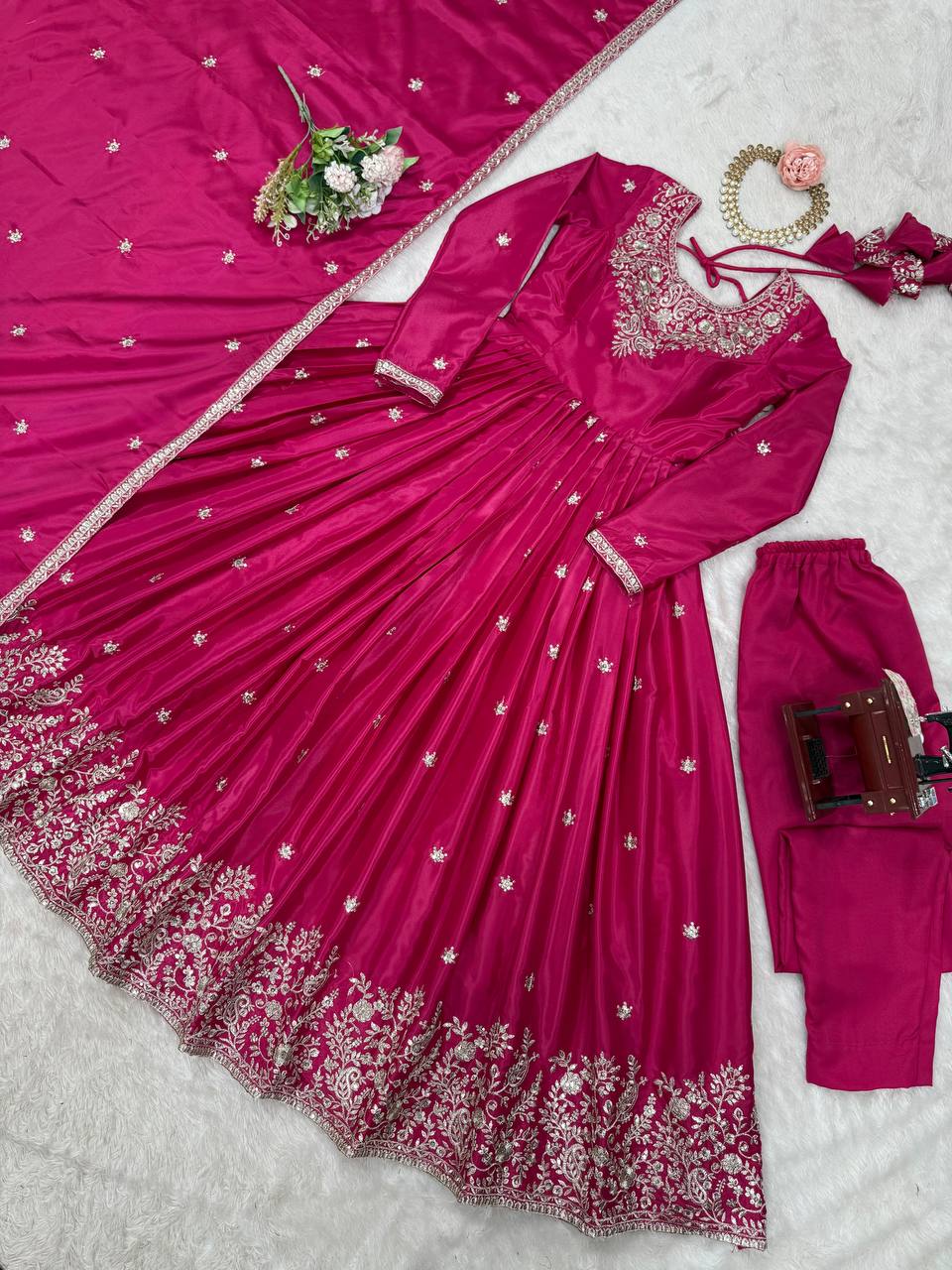 American Silk Full Stitch And Thred With Sequence Work Gown