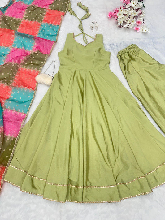 Chinnon Silk With Plain Work And Full Stitched Anarakali Gown