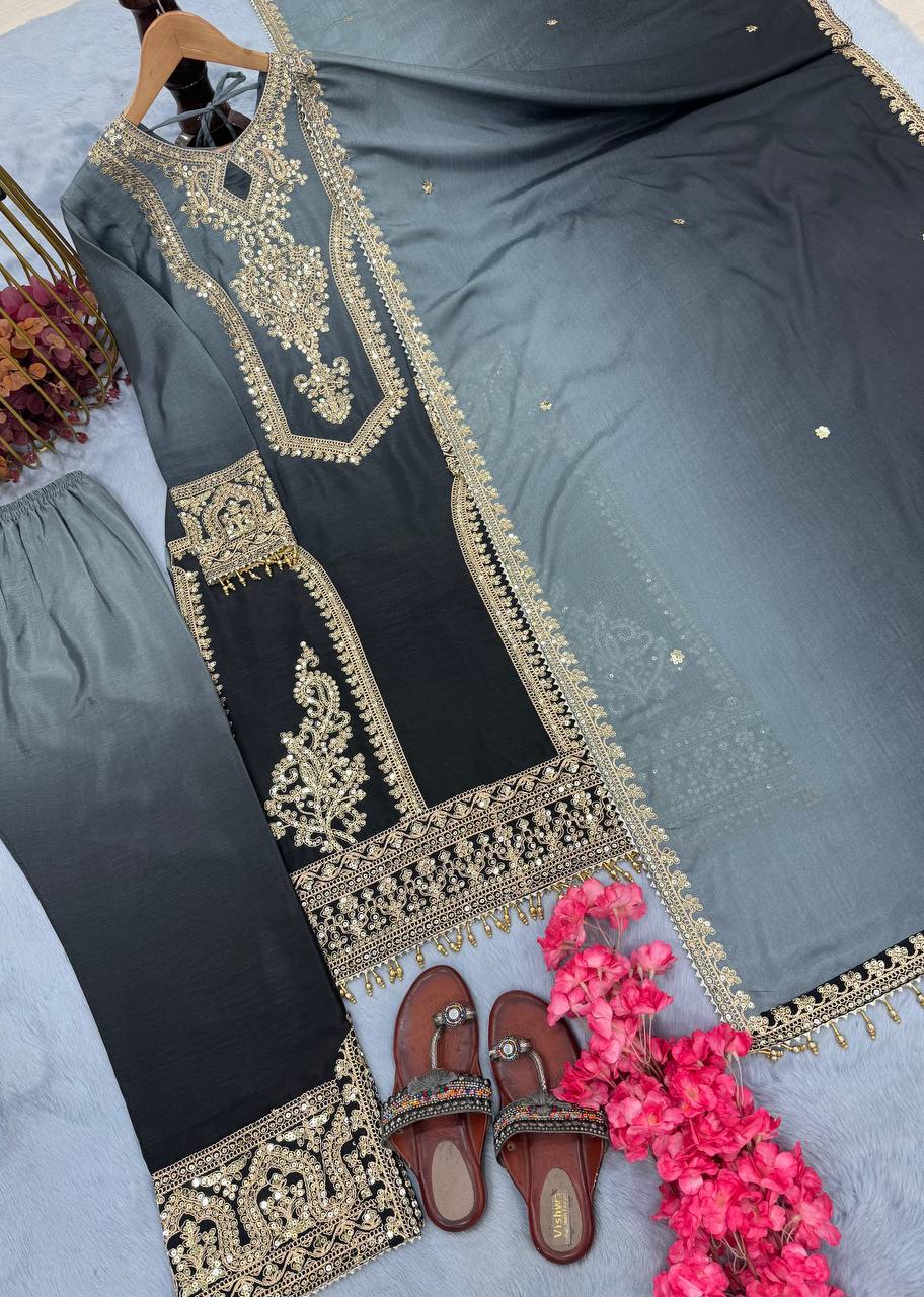 Dual Tone Peding Chinon Silk Embroidery Coding Work Top Pent